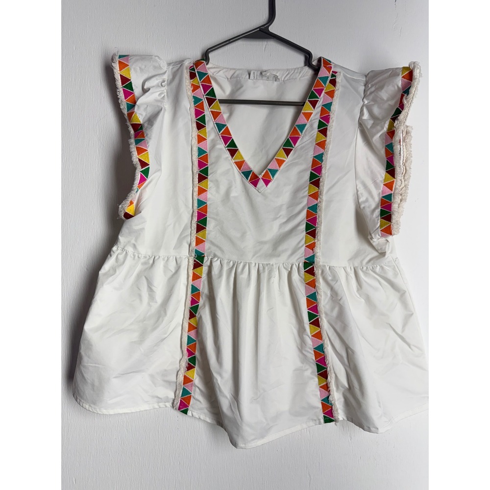 THML White Flutter Sleeve Peplum Top Embroidered V-Neck Boho Blouse Small
